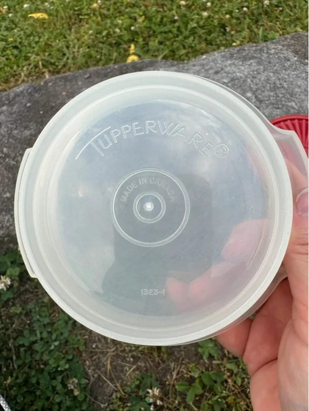 Vintage Tupperware Servalier sheer bowl with red lid